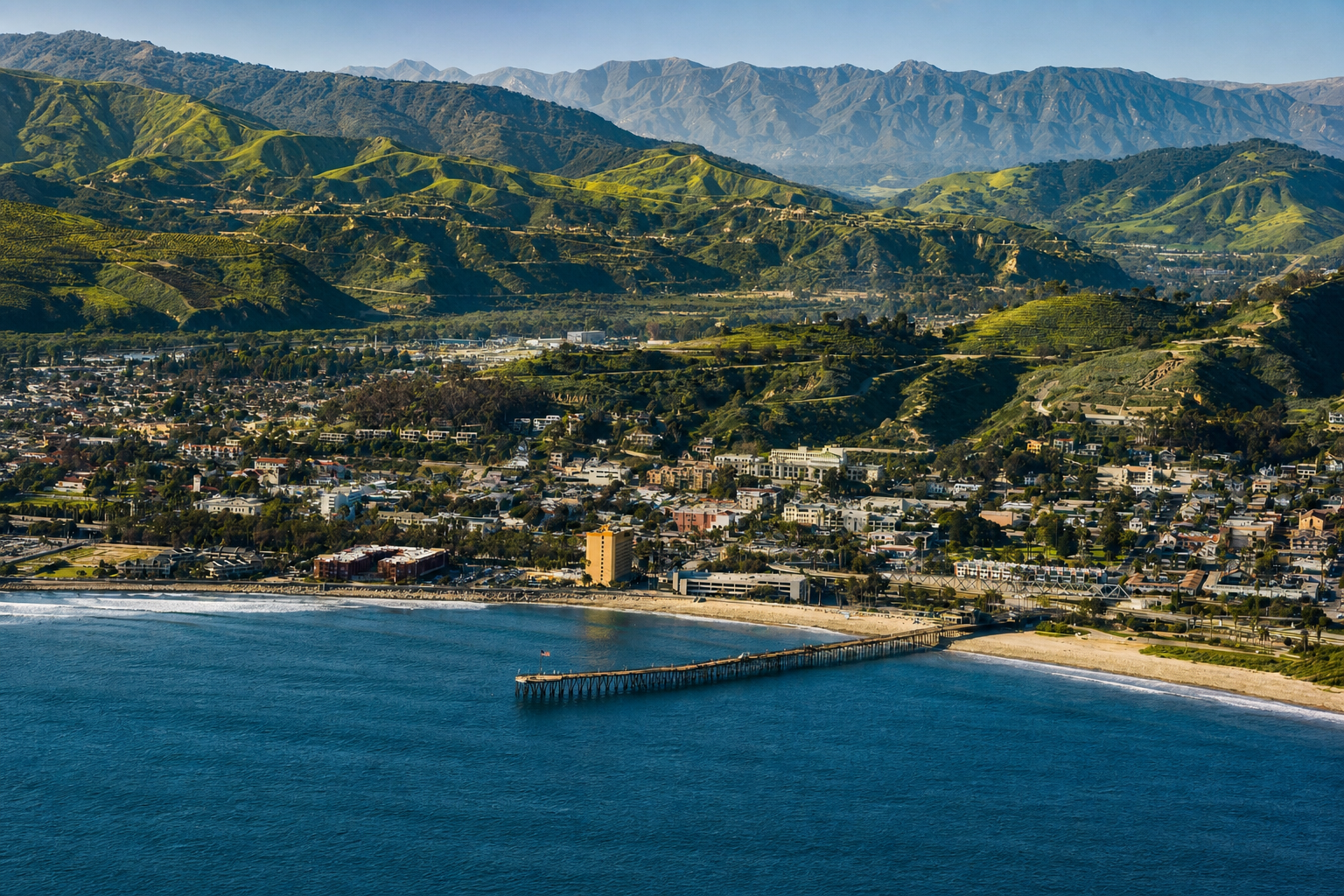 Ventura coastline, pier, city, and foothills viewed from offshore